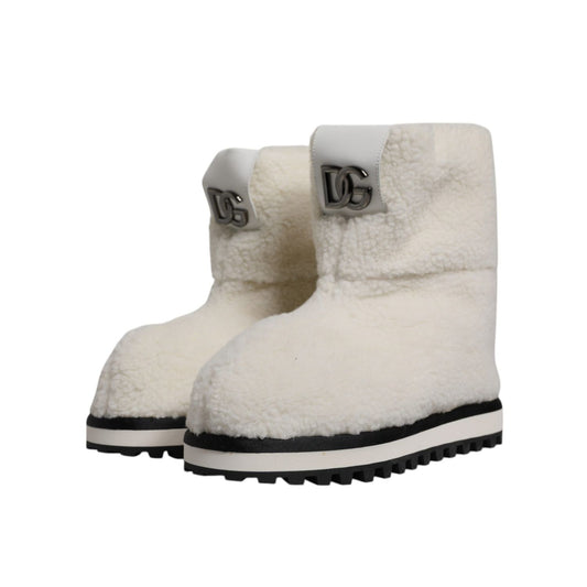 Dolce & Gabbana White Plush Logo Padded Mid Calf Boots Shoes Dolce & Gabbana