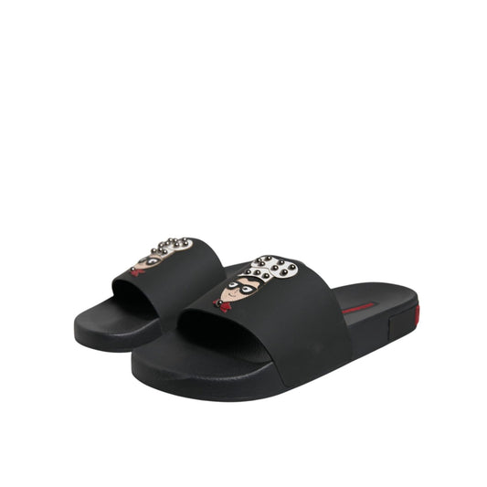Dolce & Gabbana Black Leather Slides Sandals Beachwear Shoes Dolce & Gabbana