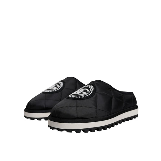 Dolce & Gabbana Black Nylon Quilted Logo Patch Sandals Slides Shoes Dolce & Gabbana