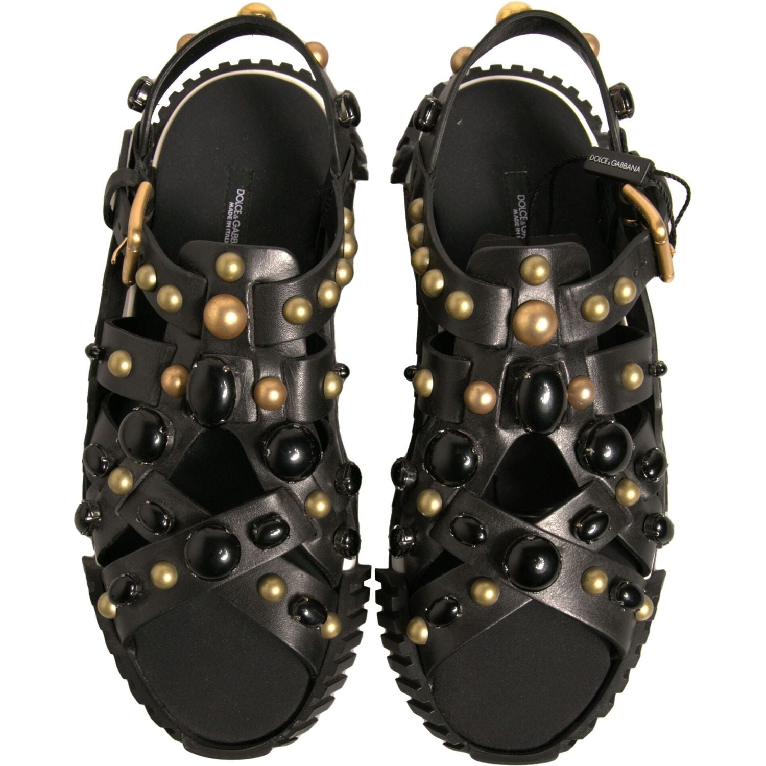 Dolce & Gabbana Black Leather Studded Slides Sandals Shoes