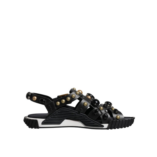 Dolce & Gabbana Black Leather Studded Slides Sandals Shoes Dolce & Gabbana