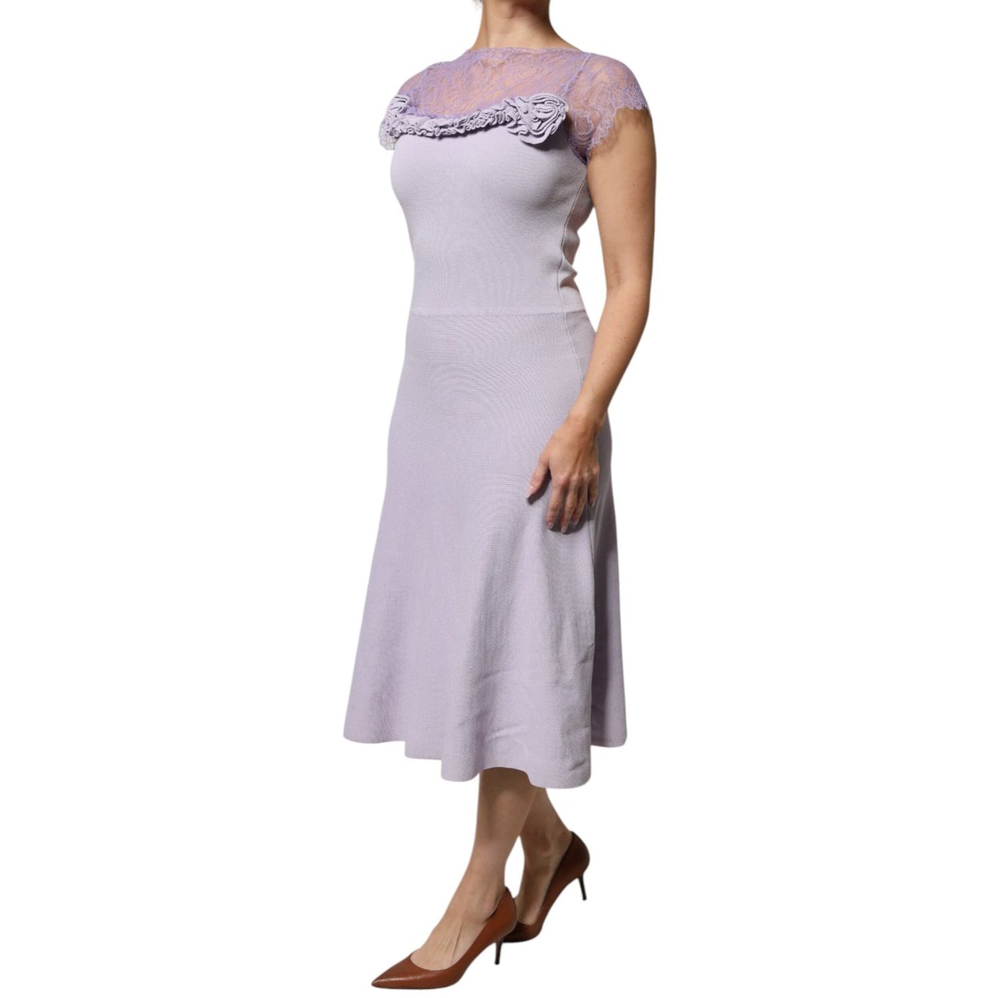 Blumarine Purple Short Sleeves Floral Lace Trim A-line Midi Dress Blumarine