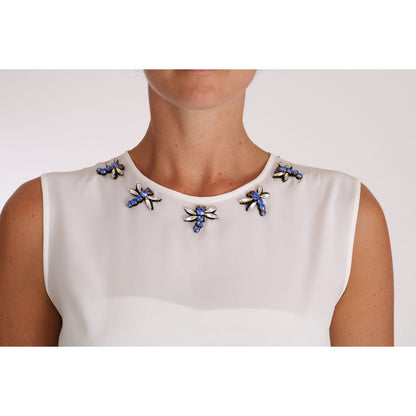 Dolce & Gabbana White Silk Crystal Embellished Fly T-shirt