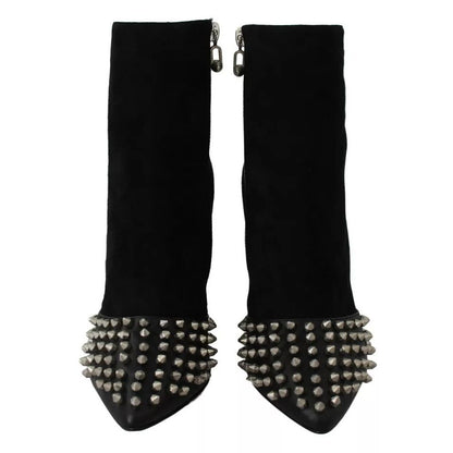 Philipp Plein Black Suede Studded Heels Ankle Boots Shoes