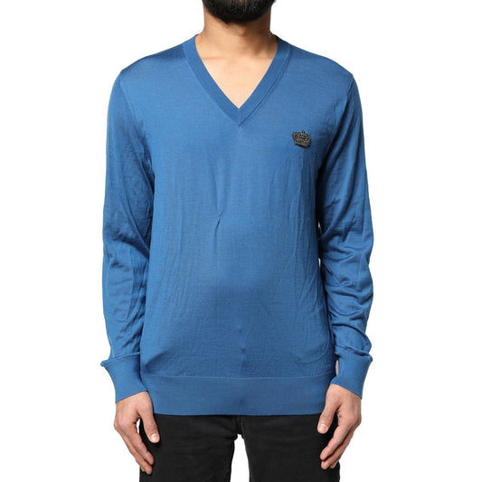 Dolce & Gabbana Blue Cashmere Crown V-neck Pullover Sweater Dolce & Gabbana