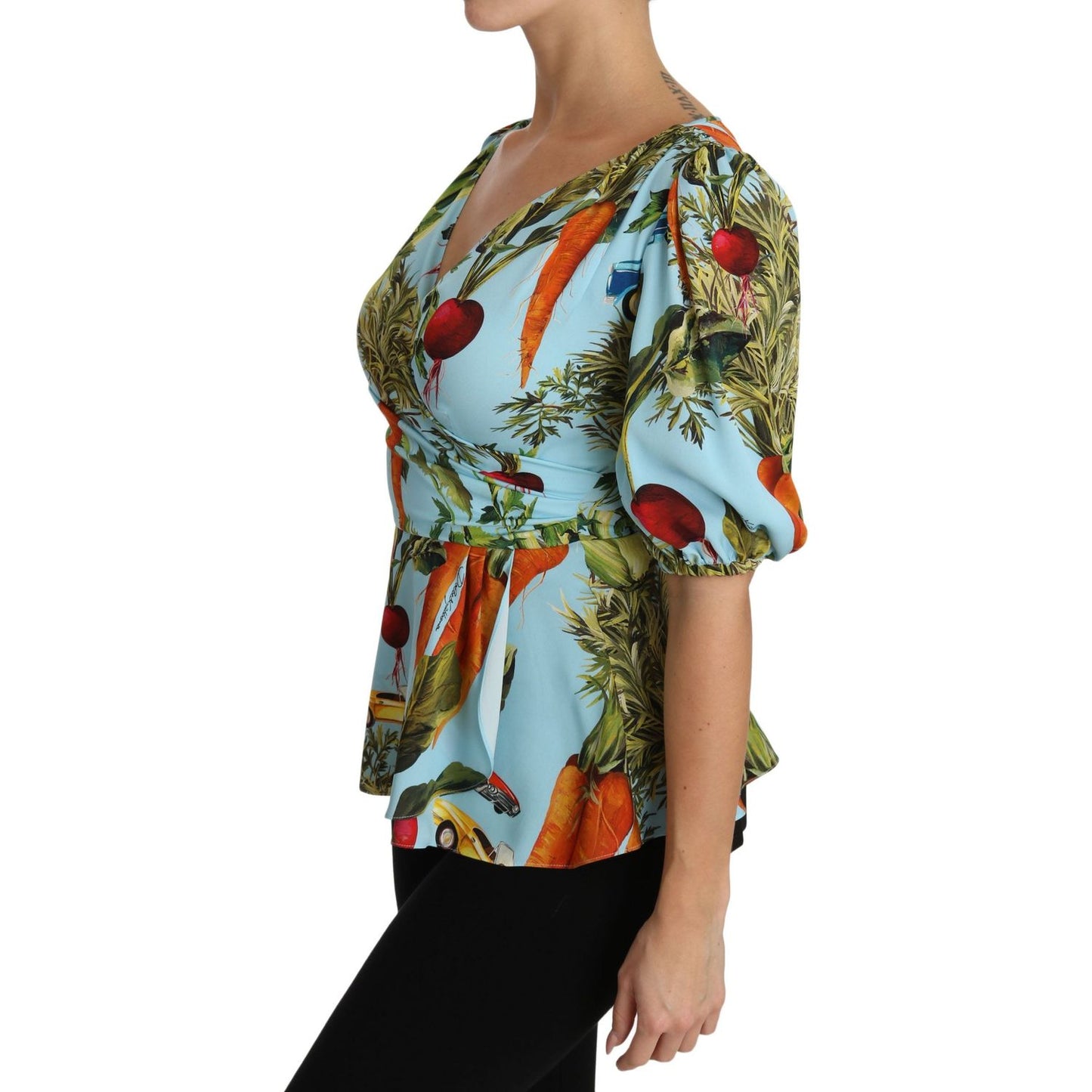 Dolce & Gabbana Multicolor Vegetable Print Silk Top Peplum Wrap Blouse Dolce & Gabbana