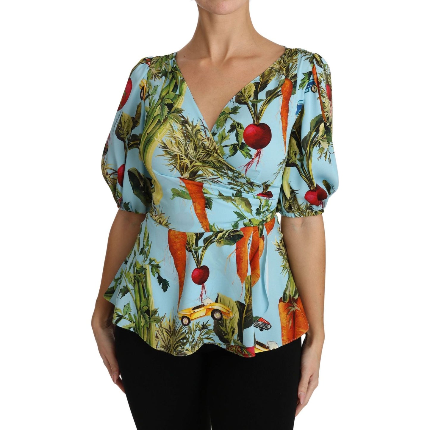 Dolce & Gabbana Multicolor Vegetable Print Silk Top Peplum Wrap Blouse Dolce & Gabbana