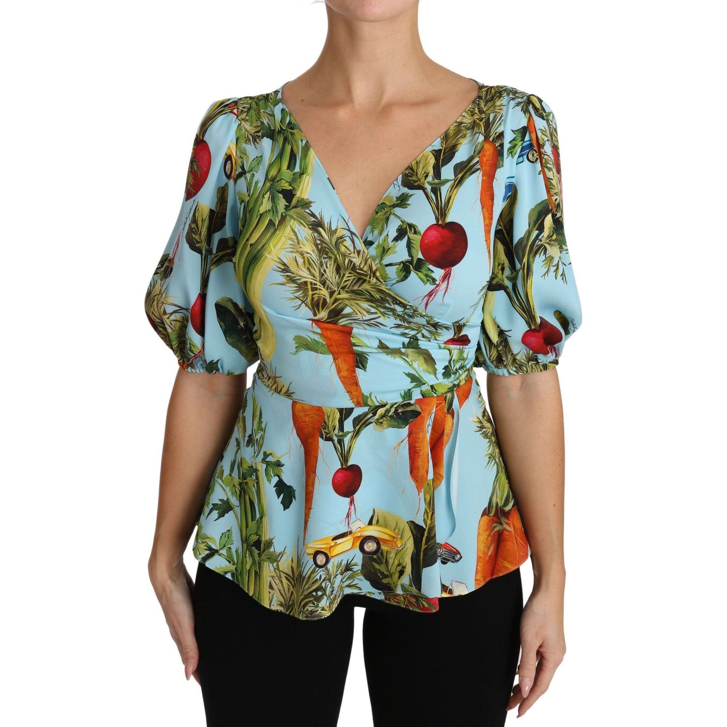Dolce & Gabbana Multicolor Vegetable Print Silk Top Peplum Wrap Blouse Dolce & Gabbana