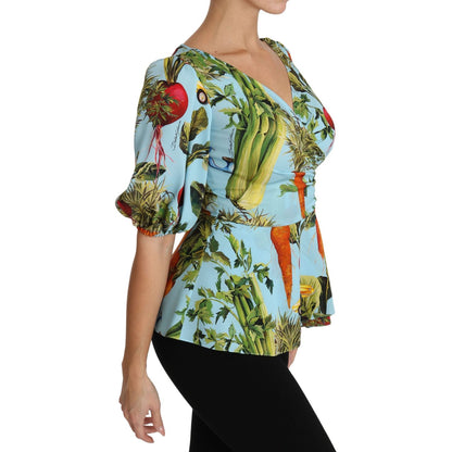 Dolce & Gabbana Multicolor Vegetable Print Silk Top Peplum Wrap Blouse Dolce & Gabbana