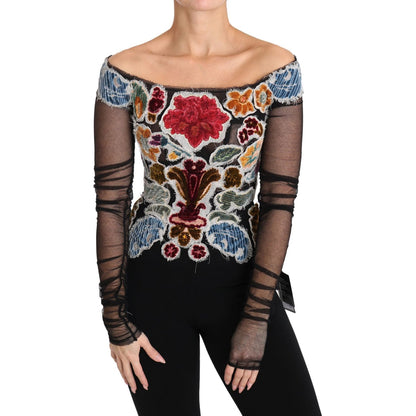 Dolce & Gabbana Black Floral Ricamo Top T-shirt Blouse