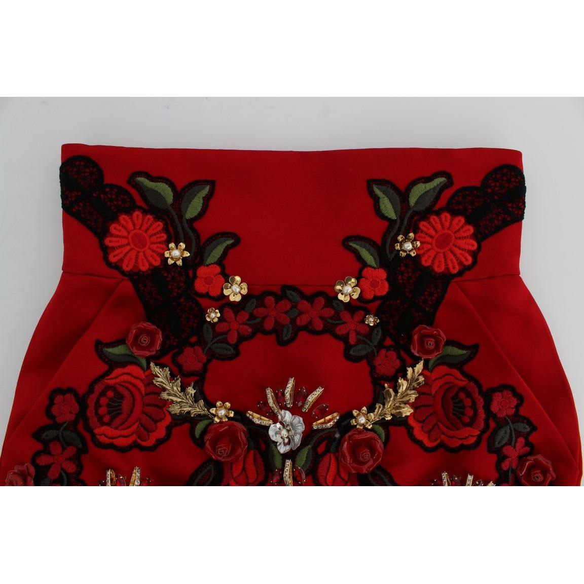 Dolce & Gabbana Red Silk Crystal Roses Shorts