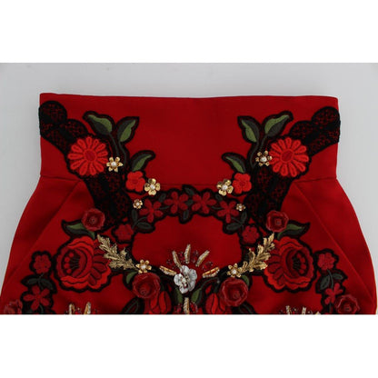 Dolce & Gabbana Red Silk Crystal Roses Shorts