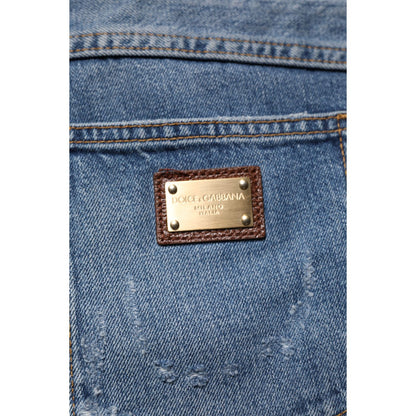Dolce & Gabbana Blue Tattered Cotton Straight Denim Jeans
