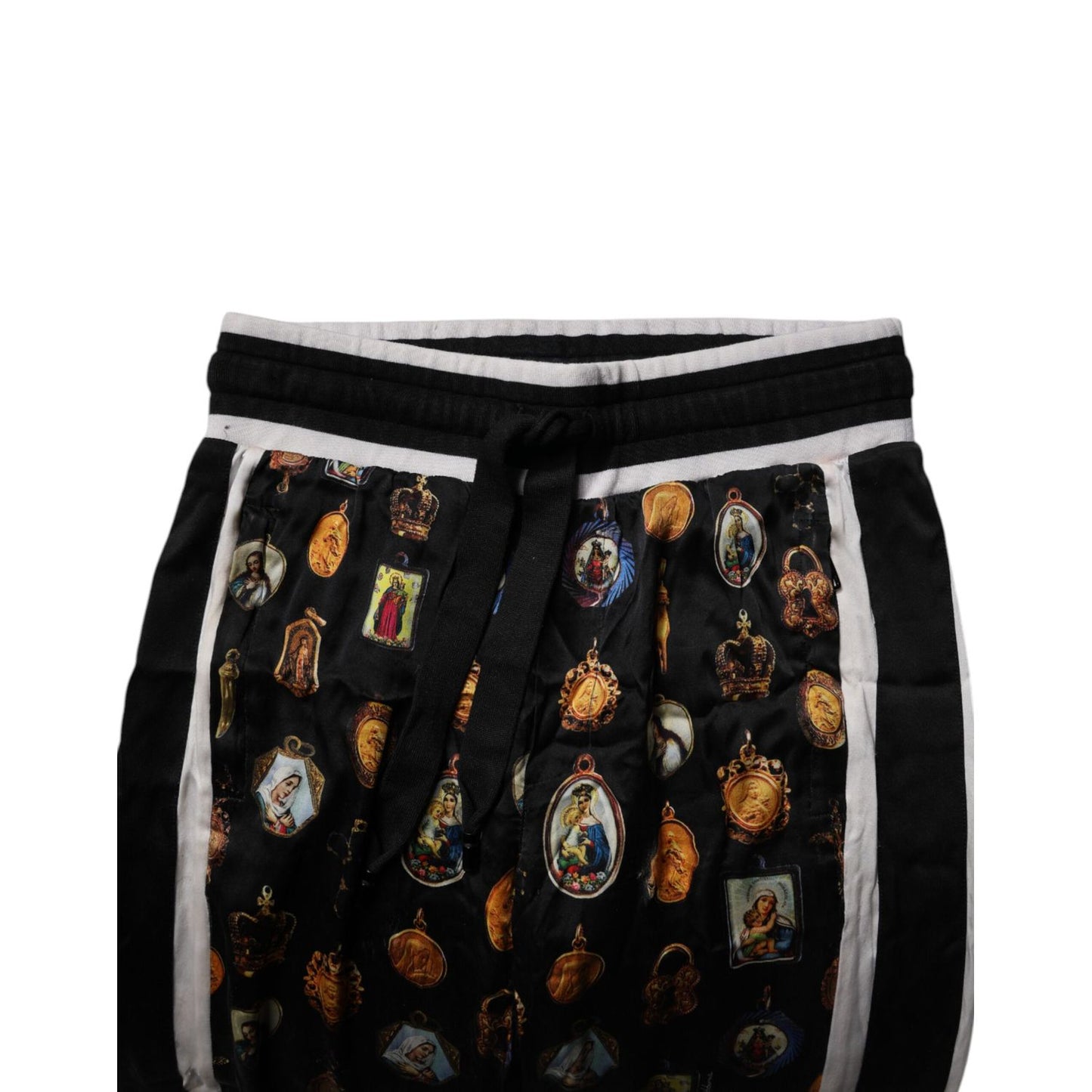 Dolce & Gabbana Black Religious Print Silk Men Jogger Pants