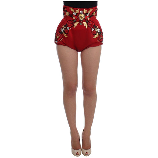 Dolce & Gabbana Red Silk Crystal Roses Shorts Dolce & Gabbana
