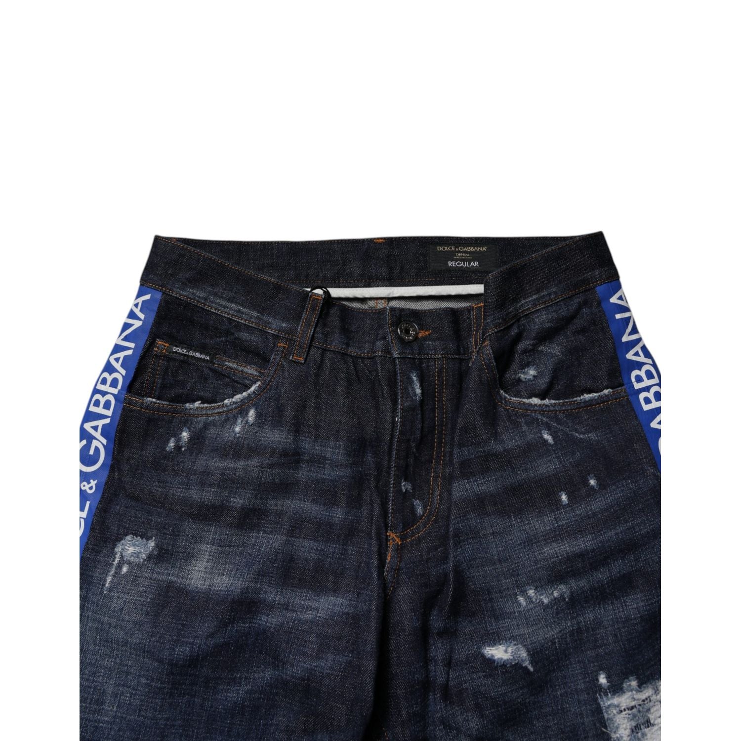 Dolce & Gabbana Dark Blue Cotton Tattered Skinny Denim Jeans