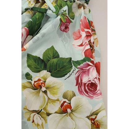 Dolce & Gabbana Green Floral Short Sleeves Cotton V-neck Dress