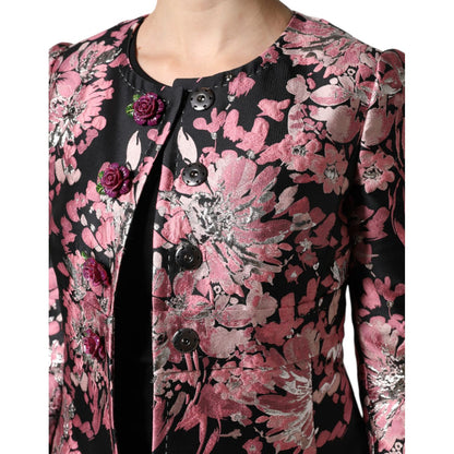 Dolce & Gabbana Pink Black Floral Brocade Trenchcoat Jacket