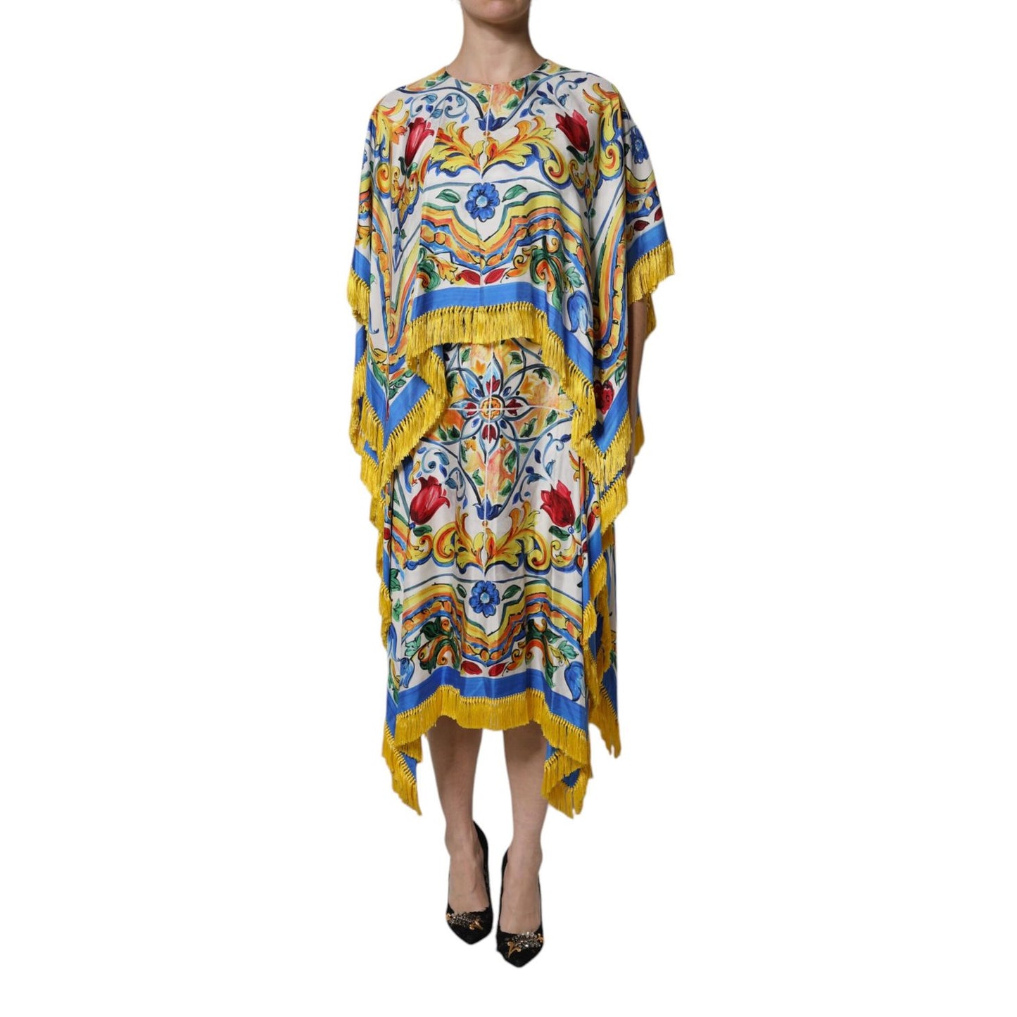 Dolce & Gabbana Multicolor Majolica Kaftan Short Sleeves Maxi Dress