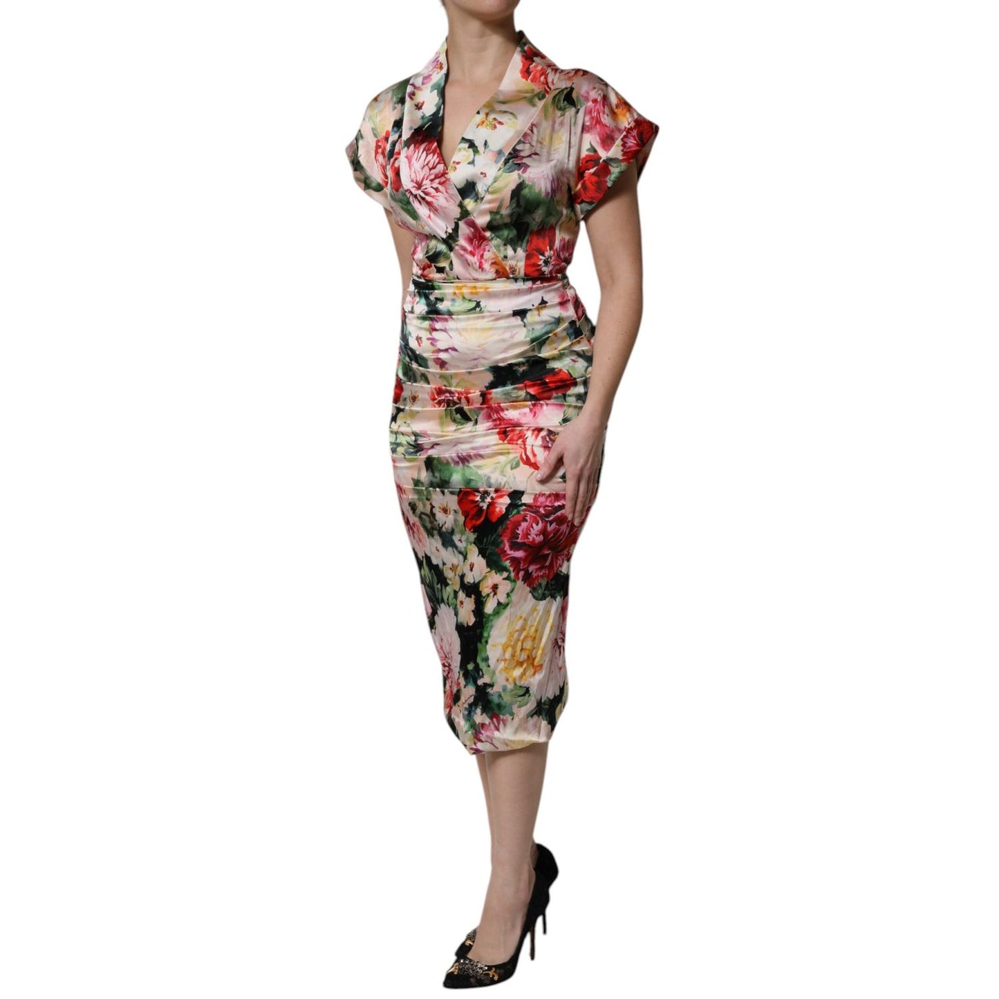 Dolce & Gabbana Multicolor Floral Short Sleeves Sheath Midi Dress