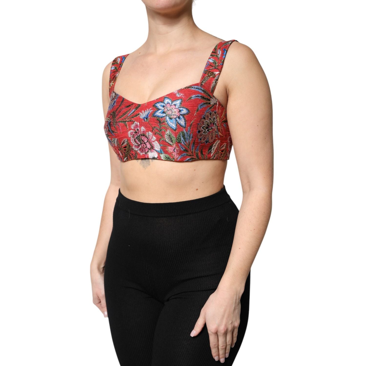 Dolce & Gabbana Red Floral Brocade Cropped Bustier Corset Top