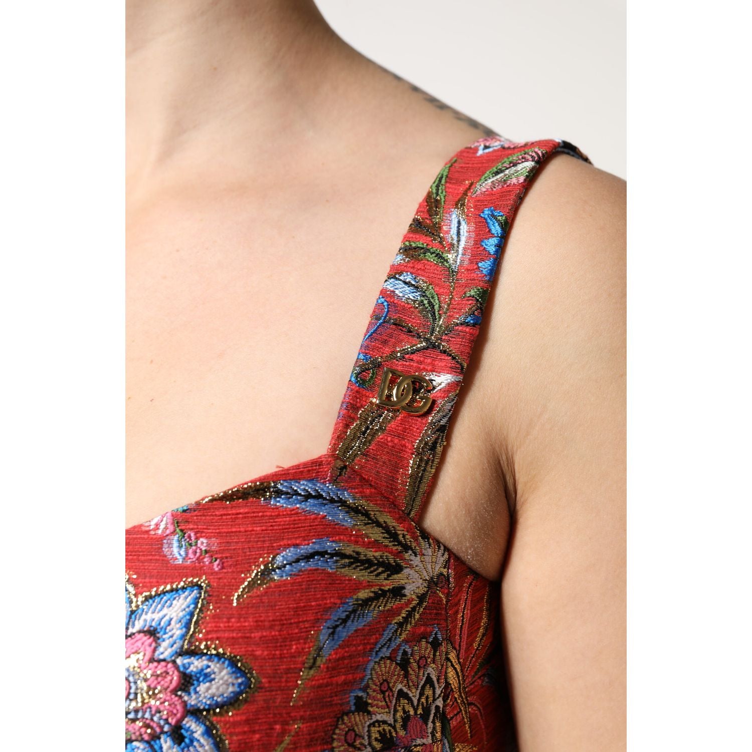 Dolce & Gabbana Red Floral Brocade Cropped Bustier Corset Top