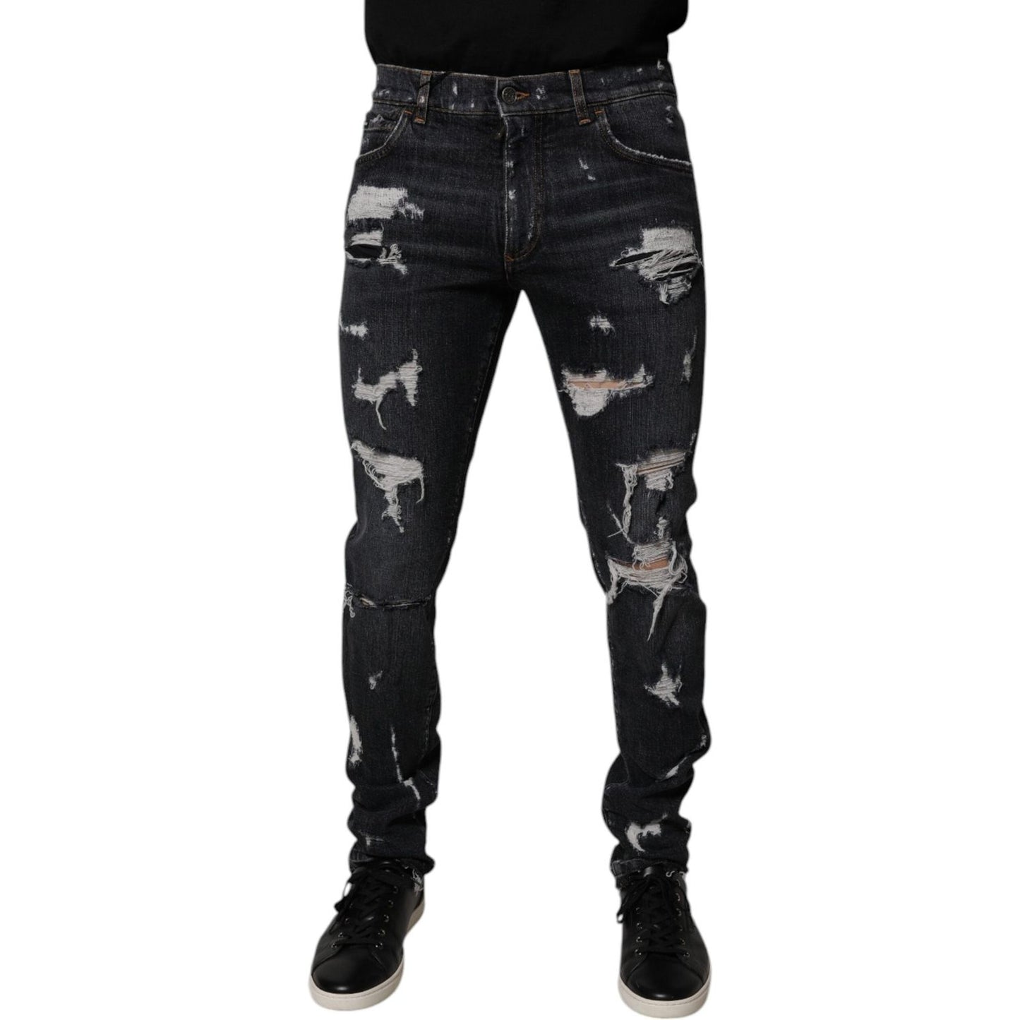 Dolce & Gabbana Black Tattered Cotton Skinny Men Denim Jeans