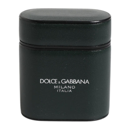 Dolce & Gabbana Green Calfskin Leather Logo Print Flip Holder Airpods Case