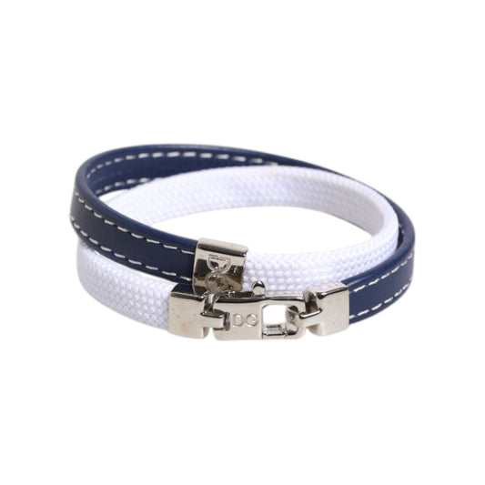 Dolce & Gabbana Blue White Leather Trimmed DG Engraved Silver Tone Clasp Bracelet Dolce & Gabbana