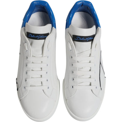 Dolce & Gabbana White Blue Leather Logo Low Top Sneakers Shoes