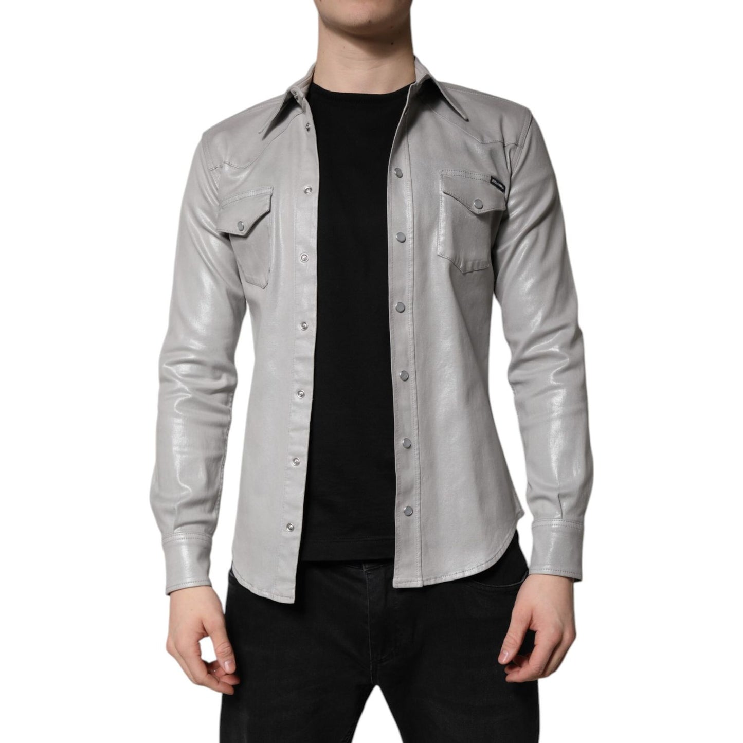 Dolce & Gabbana Metallic Gray Cotton Button Down Shirt
