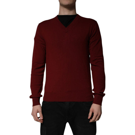 Dolce & Gabbana Maroon Cashmere V-neck Men Pullover Sweater Dolce & Gabbana