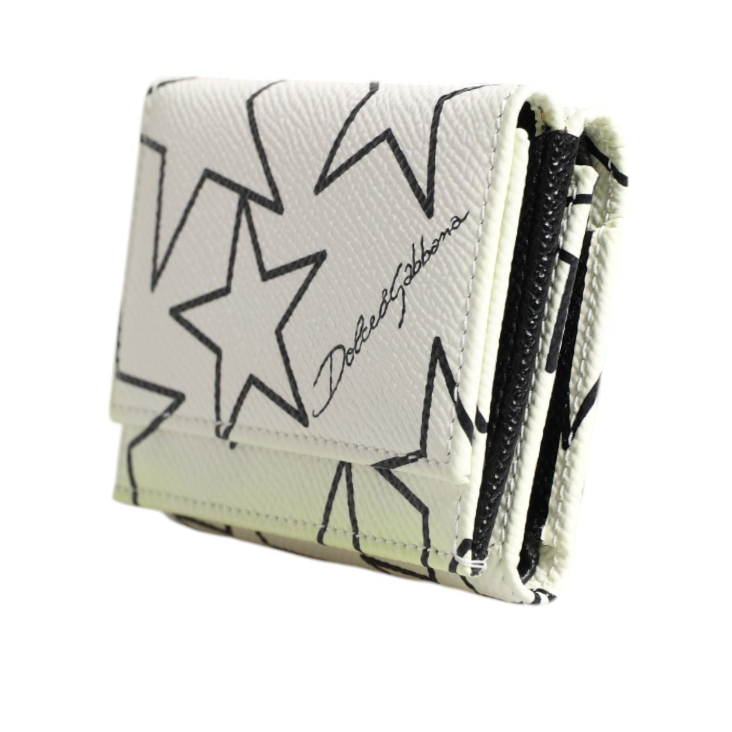 Dolce & Gabbana White Leather Trifold DG Star Print Card Holder Wallet