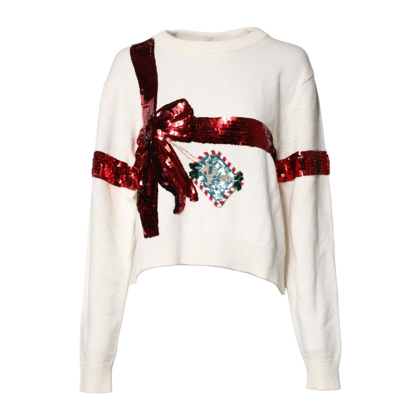 Dolce & Gabbana White Sequined Crew Neck Pullover Sweater