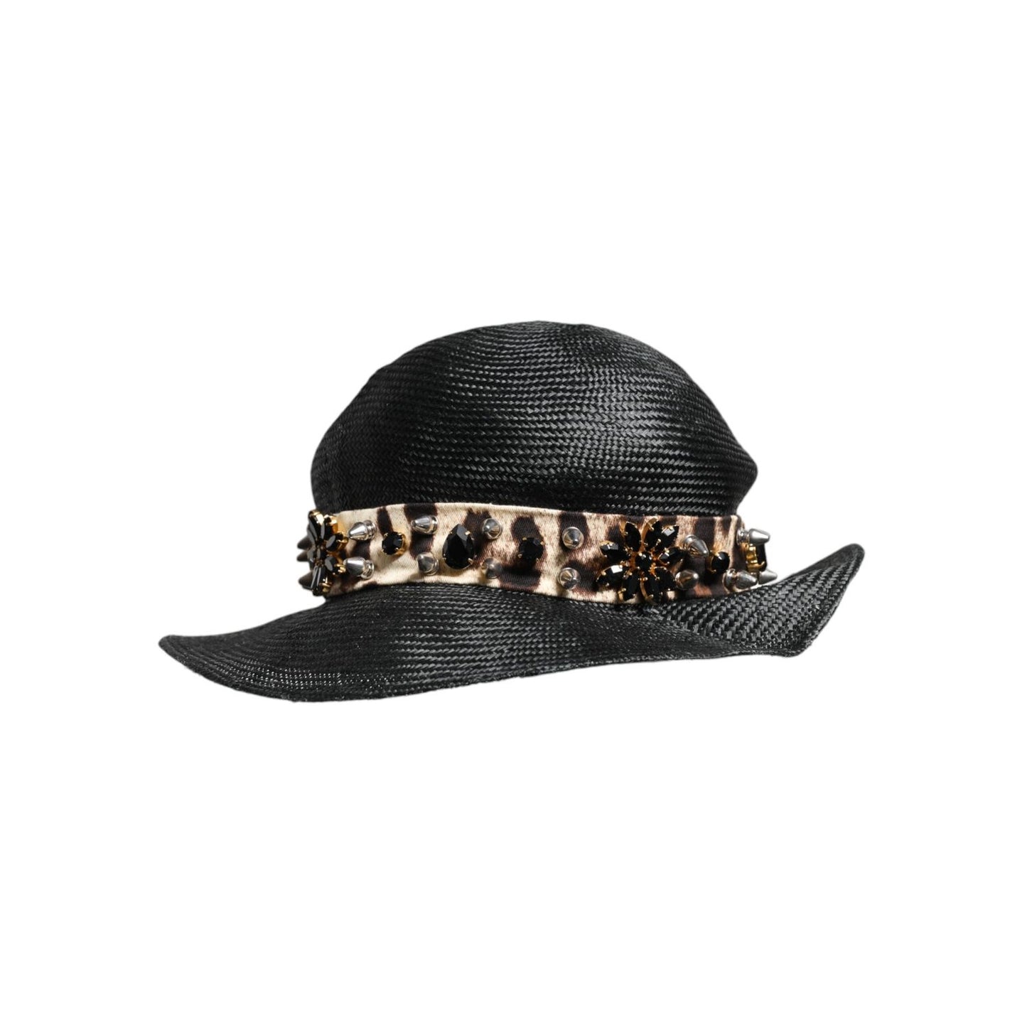 Dolce & Gabbana Black Straw Crystal Embellished Wide Brim Hat