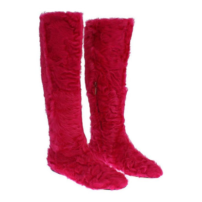 Dolce & Gabbana Pink Lamb Fur Leather Flat Boots Dolce & Gabbana