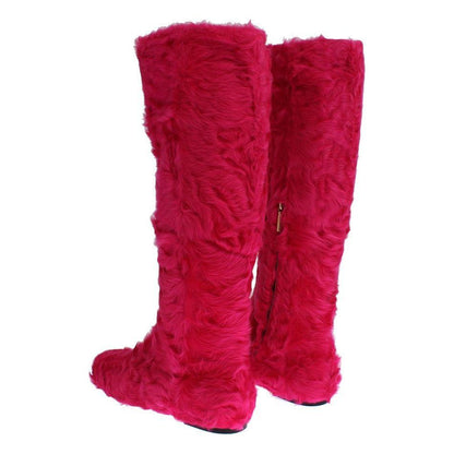 Dolce & Gabbana Pink Lamb Fur Leather Flat Boots Dolce & Gabbana