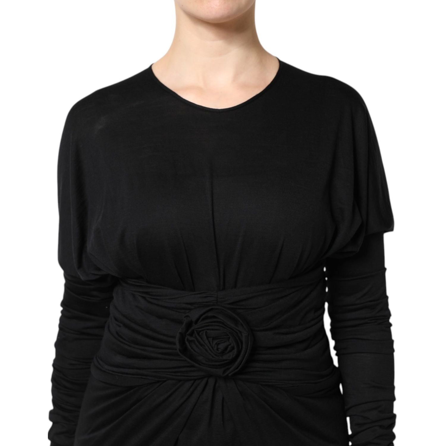 Dolce & Gabbana Black Wool Long Sleeves Sheath Midi Dress