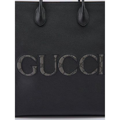 Gucci Black Leather Logo Medium Tote Bag