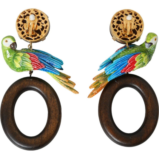 Dolce & Gabbana Multicolor Parrot Wood Brass Crystal Embellished Earrings Dolce & Gabbana