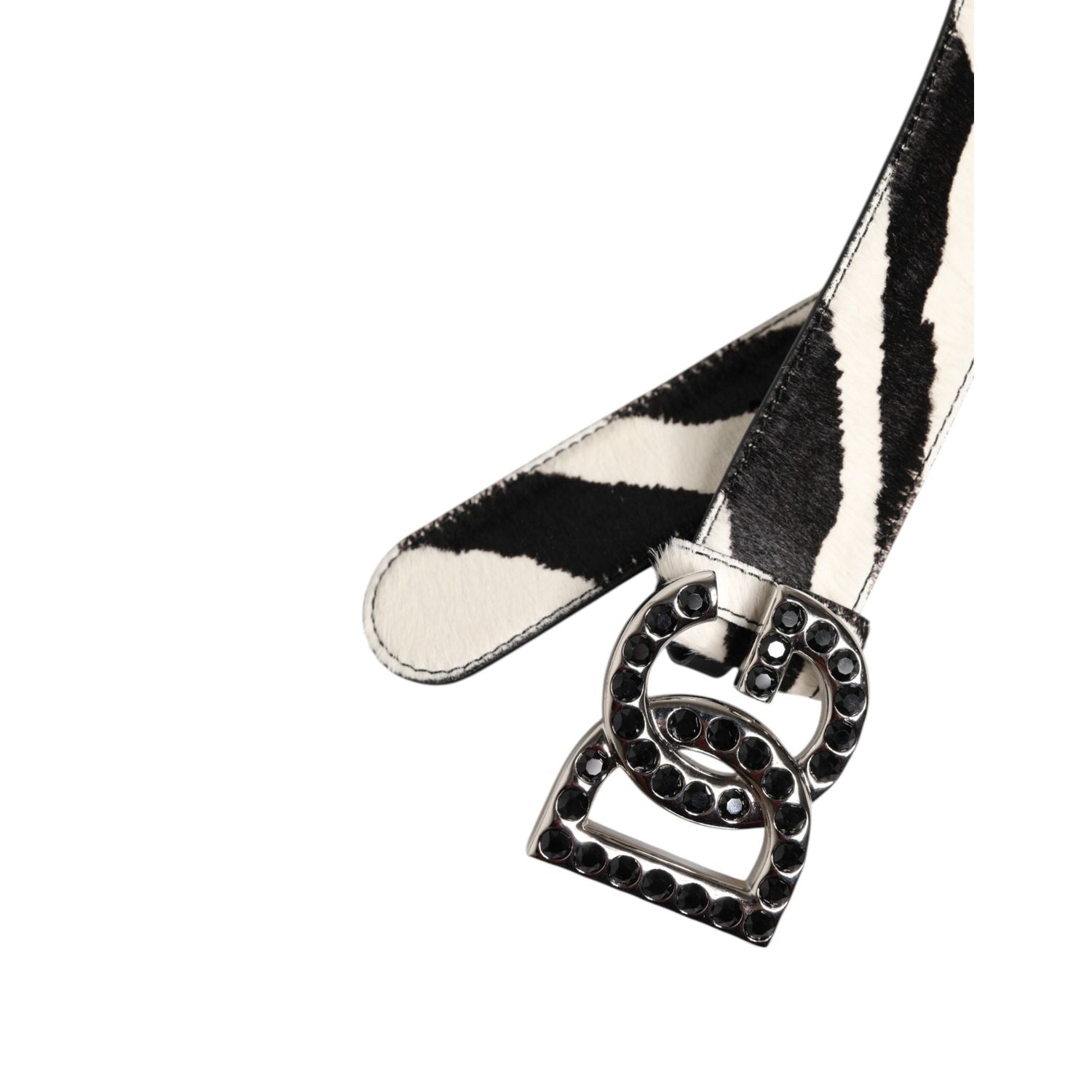 Dolce & Gabbana White Black Leather Zebra DG Crystal Buckle Belt