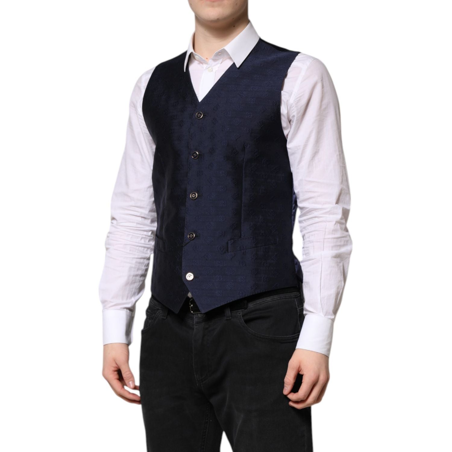 Dolce & Gabbana Dark Blue Logo Wool Formal Men Waistcoat Vest