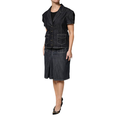 Escada Black Cotton Blend Denim Top Skirt Casual Set Escada