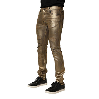 Dolce & Gabbana Gold Tattered Cotton Stretch Slim Denim Jeans