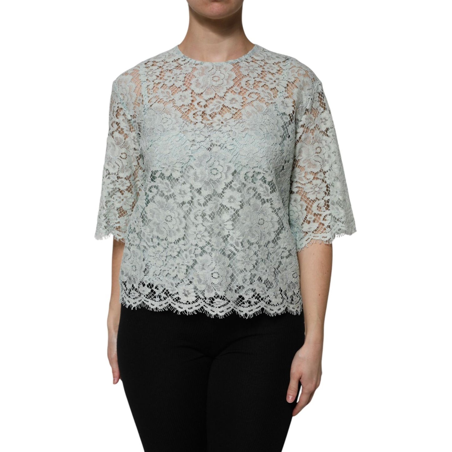 Dolce & Gabbana Mint Green Floral Lace Cotton Blouse Top