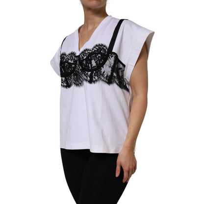 Dolce & Gabbana White Lace Cotton V-Neck Short Sleeves Top