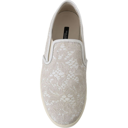 Dolce & Gabbana White Leather Lace Slip On Loafers Shoes Dolce & Gabbana