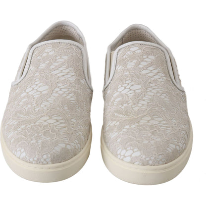 Dolce & Gabbana White Leather Lace Slip On Loafers Shoes Dolce & Gabbana
