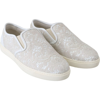 Dolce & Gabbana White Leather Lace Slip On Loafers Shoes Dolce & Gabbana