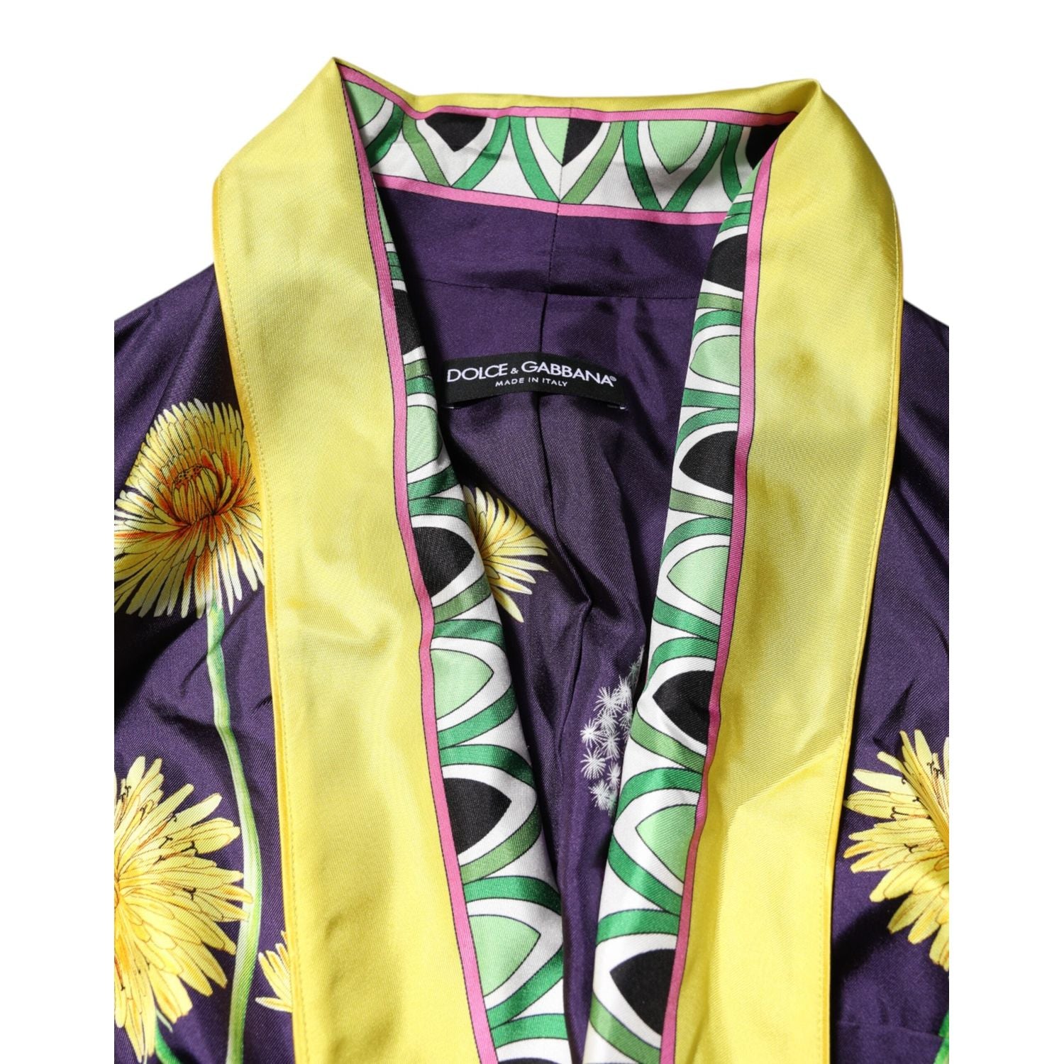 Dolce & Gabbana Blue Floral Print Silk Long Sleeves Wrap Robe